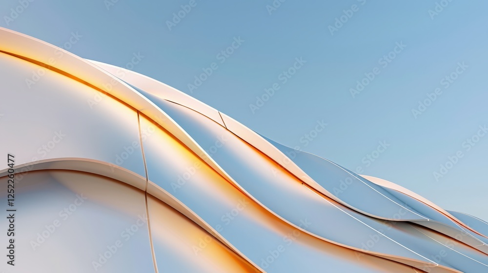 Poster abstract architectural design with flowing curves under blue sky and warm light reflections on smoot