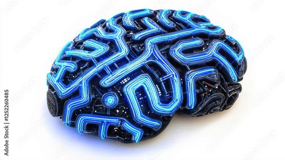 Poster futuristic brain design with illuminated circuit patterns and details