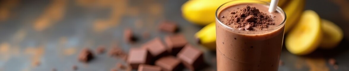 Glass of thick chocolate banana smoothie with broken chocolate pieces, nutritious, chocolatey