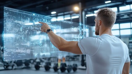 Male Athlete Interacting with Virtual Data Display in Gym Environment
