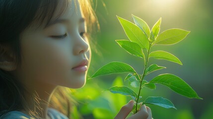 Young Girl Gently Holds A Vibrant Green Plant