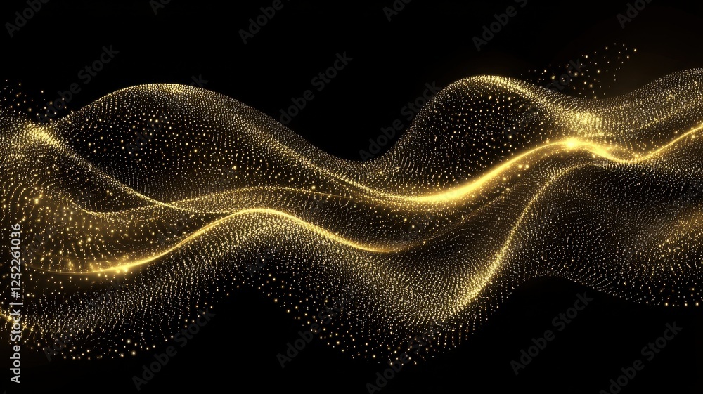 Poster golden waves with particles on black background for abstract design