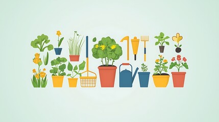 Illustrated gardening tips poster with colorful geometric icons for irrigation and planting