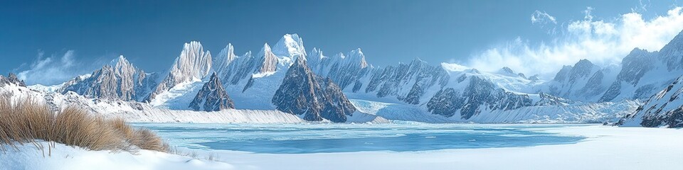 Obraz premium Awe-Inspiring Snow-Covered Mountain Range Beyond Pristine Blue Lake Under Clear Sky - Stunning Panoramic Winter Landscape Ideal for Nature and Adventure Enthusiasts