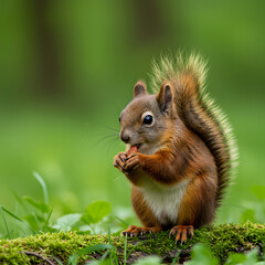 Obraz premium Brown Squirrel Eating on Mossy Log in Green Forest