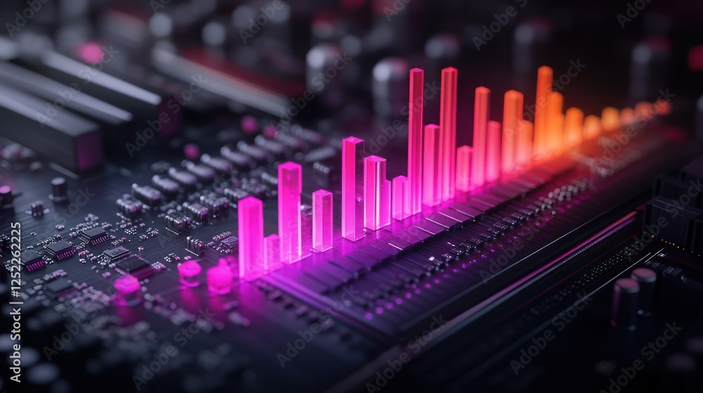 Poster abstract glowing data bars on circuit board.