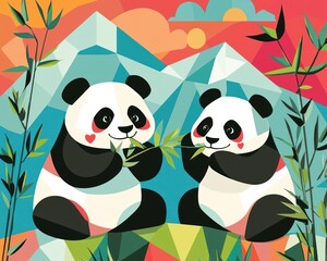 Naklejka premium Illustrated poster pandas with geometric fur eating stylized bamboo under a colorful sky, Swiss-inspired design