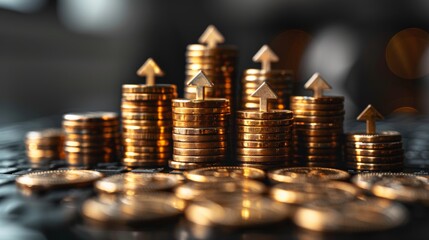 Stacks of Gold Coins and Growing Arrows Symbolizing Investment Growth, Financial Success