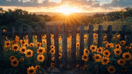 Obraz premium Sunflowers grow next to wooden fence at sunrise in the country for rural living ads