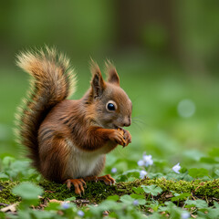Obraz premium Red Squirrel Eating on Forest Floor with Flowers
