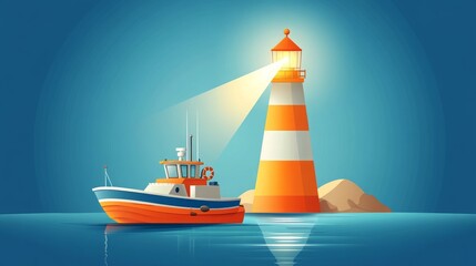 Naklejka premium Royal National Lifeboat Lighthouse and boat in serene ocean setting.