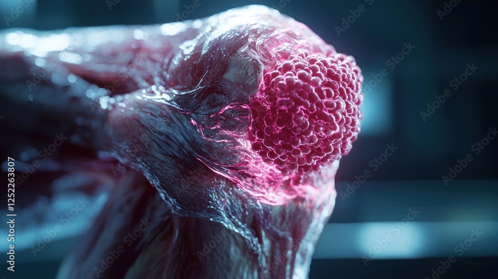 Fototapete close-up of a textured, organic structure illuminated by soft pink light in a futuristic setting