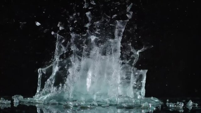 shattering glass fragments midair captured in high detail with a black background