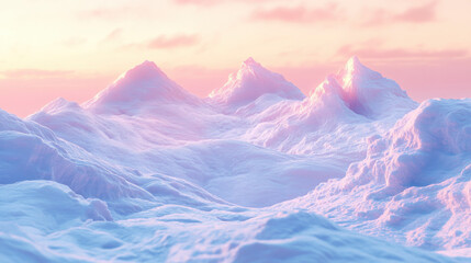 A mesmerizing snow-covered mountain range, illuminated by the soft hues of a setting sun, gentle curves of snow blending into rugged peaks