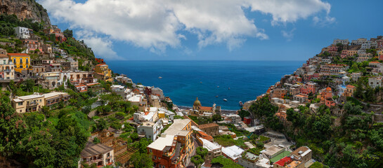 Naklejka premium The picturesque small Italian town of Positano, descending from the terraces from the mountains to the Mediterranean Sea. 