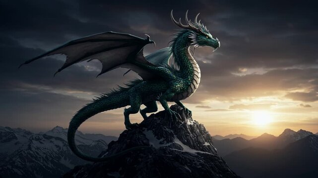 Majestic Emerald Dragon Perched Atop Snowy Peak Breathtaking Fantasy Scene