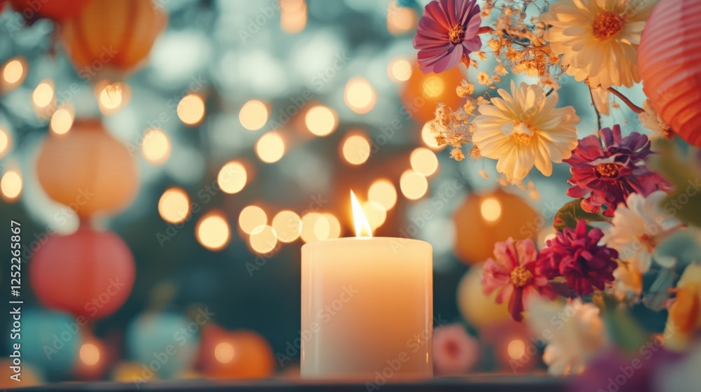 Poster an enchanting evening scene with a flickering candle surrounded by colorful flowers and softly glowi