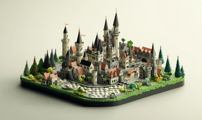 Low-poly medieval castle town model, isometric view, game asset
