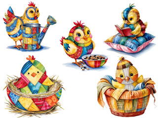 Fototapeta premium Colorful cartoon Easter egg sets with birds and chickens, fun vector illustrations for holiday celebration