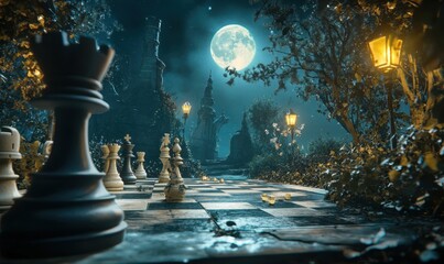 Nighttime chess game in mystical garden, full moon backdrop; fantasy illustration