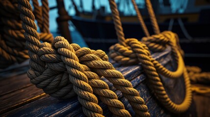 Close-up view of intertwined ropes on a weathered wooden dock beside a moored ship at sunset