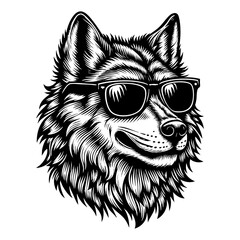 Obraz premium Wolf wear sunglasses engraving black and white outline. Scratch board imitation. illustrated in vintage line art style on a white background.