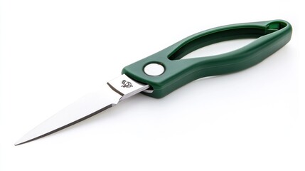 Fototapeta premium Green-handled kitchen shears on white. Food prep tool