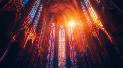Obraz premium Sunlight through stained glass in Gothic cathedral interior