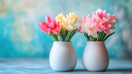 Two vases of pastel tulips on a blue background.