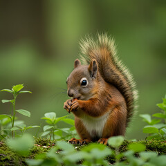 Cute red squirrel, Sciurus vulgaris, eating a nut in a green spring forest with copy space. Lovely wild animal with long ears and fluffy tail feeding in ...