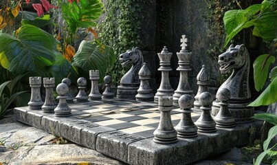 Stone chessboard in jungle; game in progress; background lush foliage; game concept