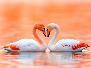 Fototapeta premium Serene Lake Romance Close-Up Wildlife Photography of Flamingos in Tranquil Natural Setting