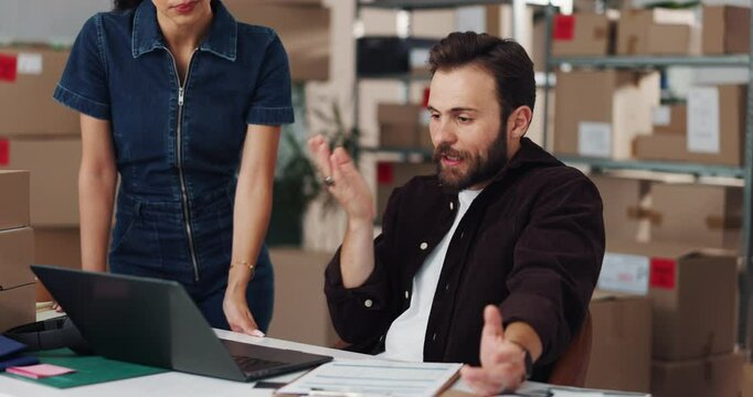 Stress, entrepreneur and people with laptop, reading and sad for shipping delay of goods and boxes. Small business, logistics and email for cancelled order, disappointed and anxious for refund