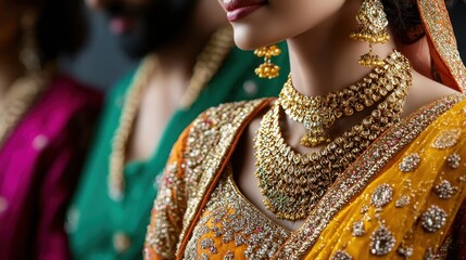 Obraz premium Close-up of elegantly dressed individuals in traditional attire showcasing intricate jewelry and vibrant colors