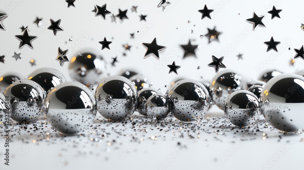 Wall mural Silver spheres and stars on white background.