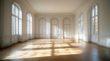 Sunlit empty grand hall, hardwood floor, arched windows, elegant interior, perfect for events