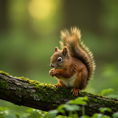 Cute red squirrel, Sciurus vulgaris, eating a nut in a green spring forest with copy space. Lovely wild animal with long ears and fluffy tail feeding in ...
