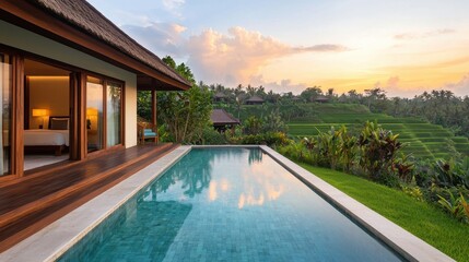 Obraz premium A serene villa with a pool, overlooking lush greenery and a sunset sky, creating a tranquil escape in nature.