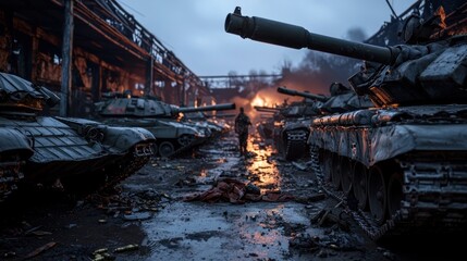 Abandoned military site with tanks amidst smoke and fire, depicting desolation and conflict