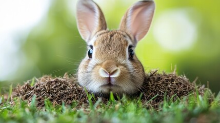 Fototapeta premium Cute bunny peeking from grassy nest in garden. Possible use children's book illustration, educational materials, Easter card