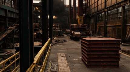 Fototapeta premium Abandoned industrial warehouse with debris and smoke, showcasing remnants of machinery and structures