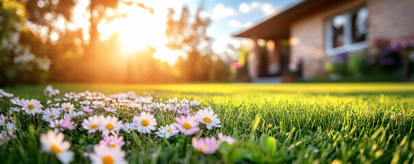 Fototapeta premium Sunset daisies, home lawn, idyllic