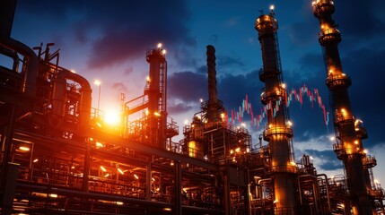 Industrial landscape at sunset showcasing glowing refinery towers and fluctuating data graphs