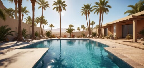 Desert pool with a deck and palm trees in the background, cacti, geological formations, decks