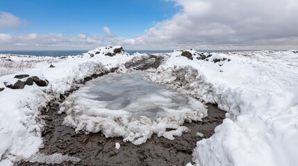 Snowy Landscape with Frozen Puddle