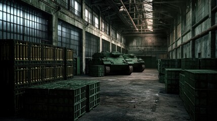 Abandoned warehouse interior with military tanks, crates, and dim lighting creating a tense atmosphere