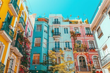 Colorful buildings under a bright blue sky, showcasing vibrant architecture and greenery, creating a picturesque urban scene.
