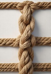 Fototapeta premium Detailed shot of hemp rope square knot on white canvas , artisanal , square knot, hemp rope