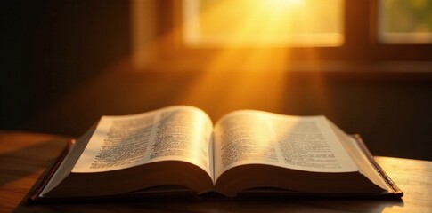 A cross with an open Bible at the bottom shines under sunlight, radiant, light