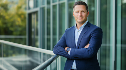 Handsome Professional Smiling While Checking Smartwatch Outside Modern Office